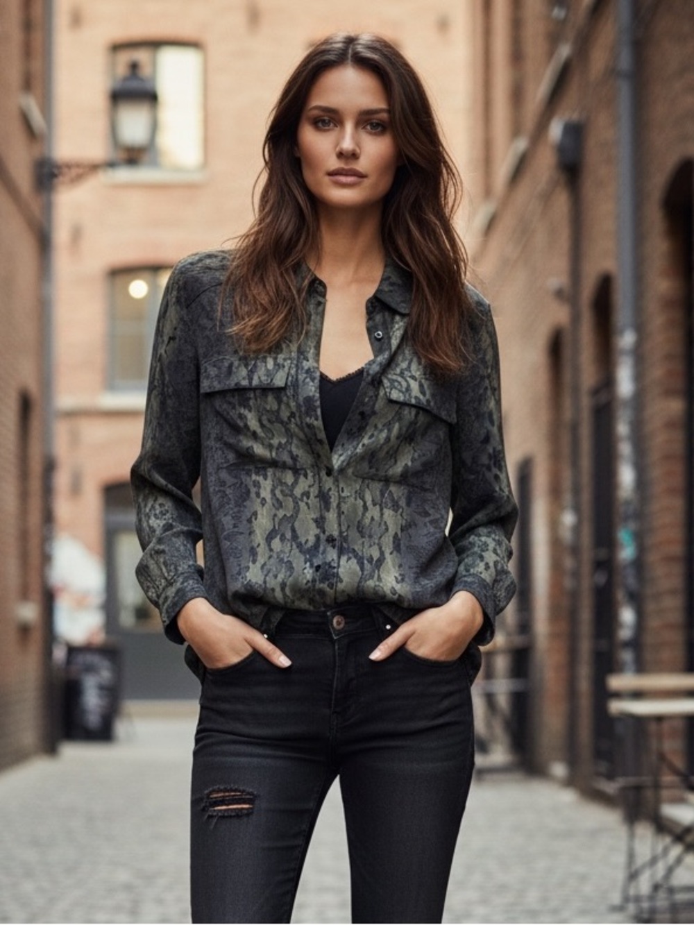 AllSaints Green Black Print Button-Down Snakeskin Blouse Shirt - Women